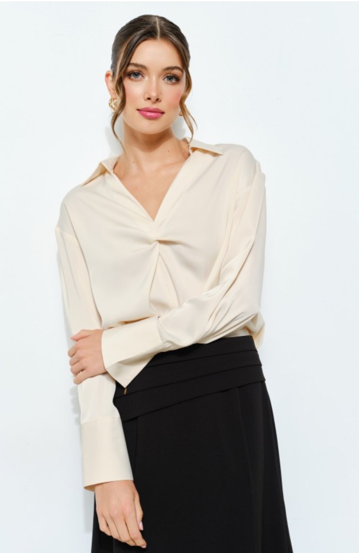 Long Sleeve Twist Front Satin Blouse