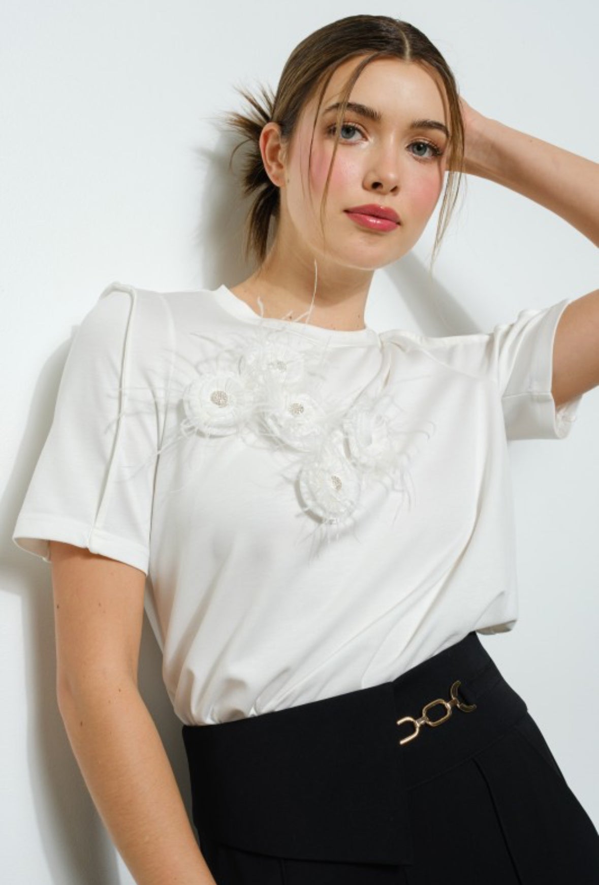 Feather and Jewel Embellished Short Sleeve Top