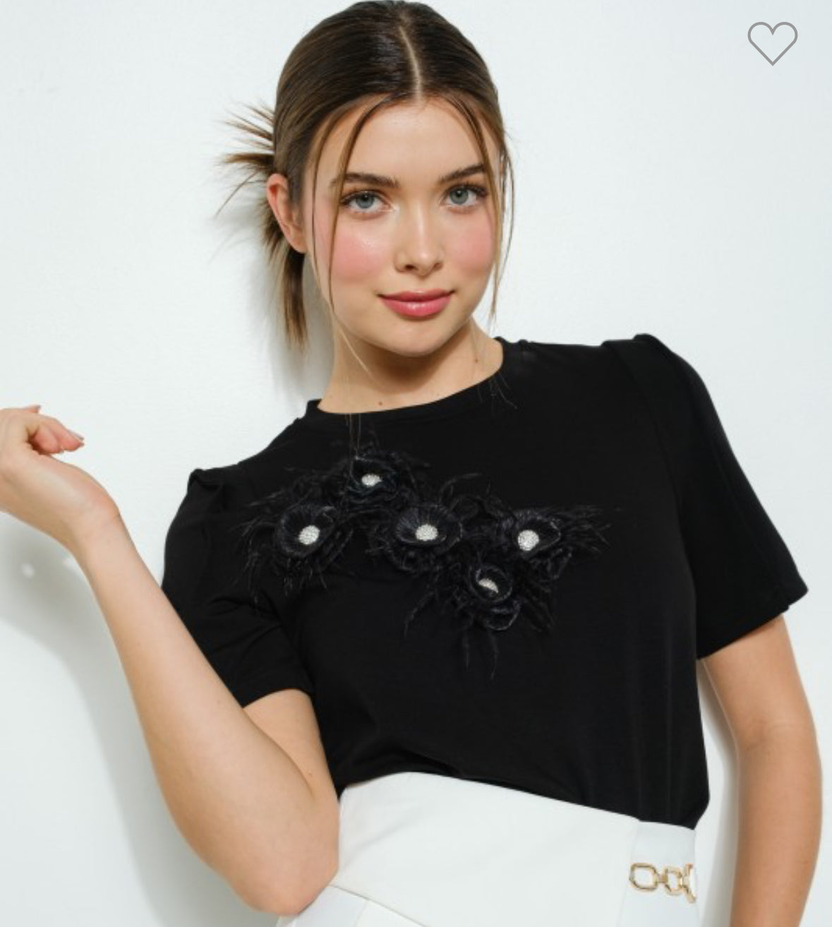 Feather and Jewel Embellished Short Sleeve Top