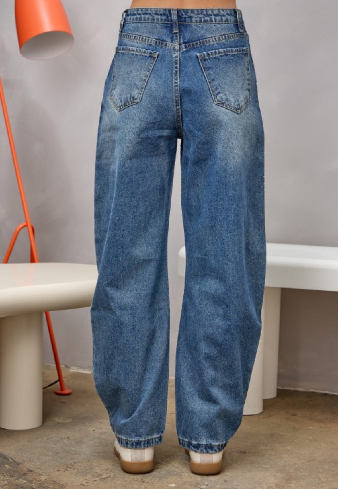 Rhinestone High Waisted Barrel Jean