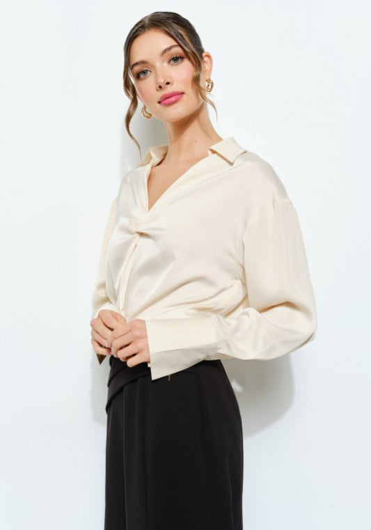 Long Sleeve Twist Front Satin Blouse