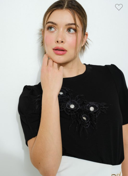 Feather and Jewel Embellished Short Sleeve Top