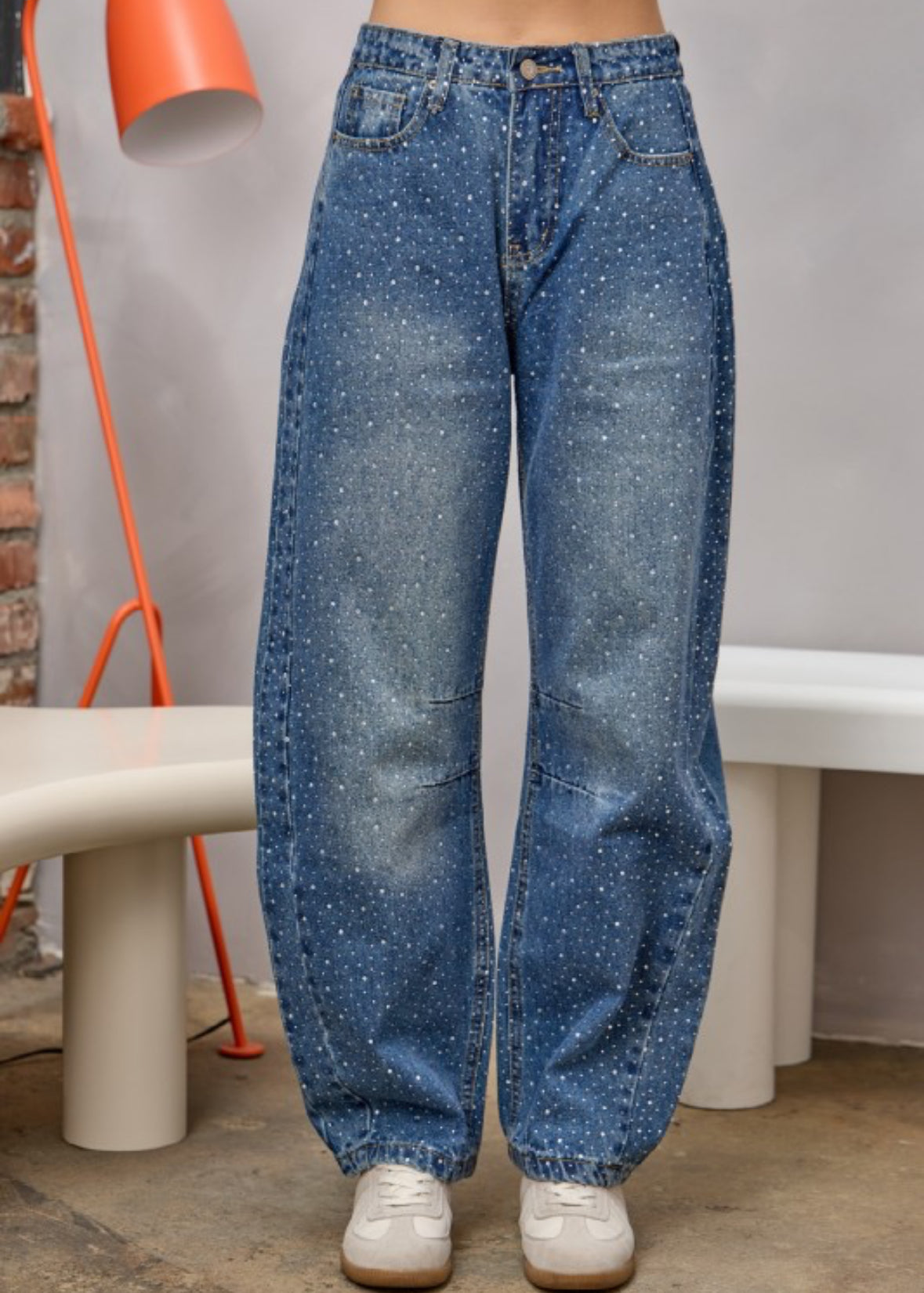 Rhinestone High Waisted Barrel Jean