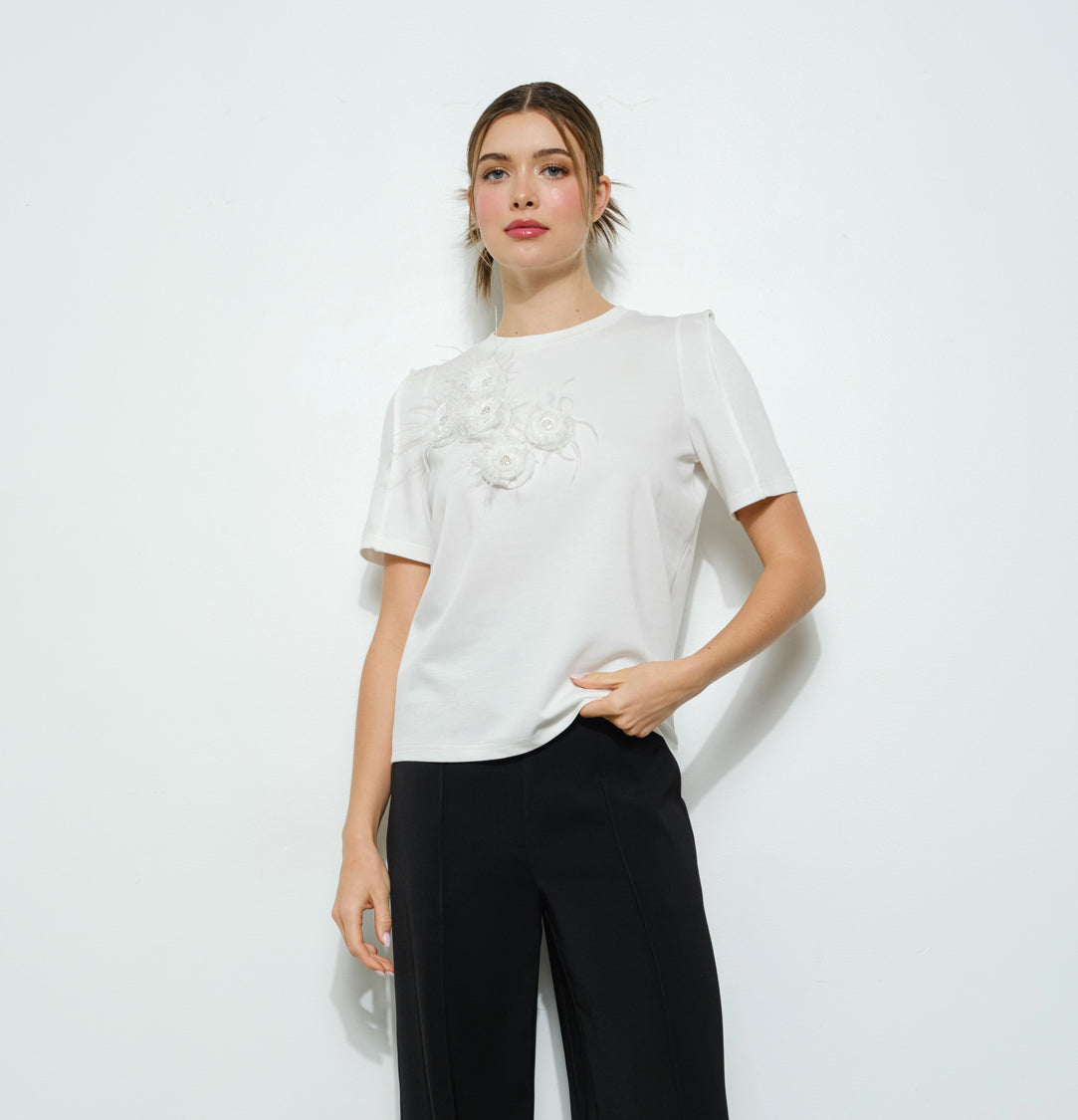 Feather and Jewel Embellished Short Sleeve Top
