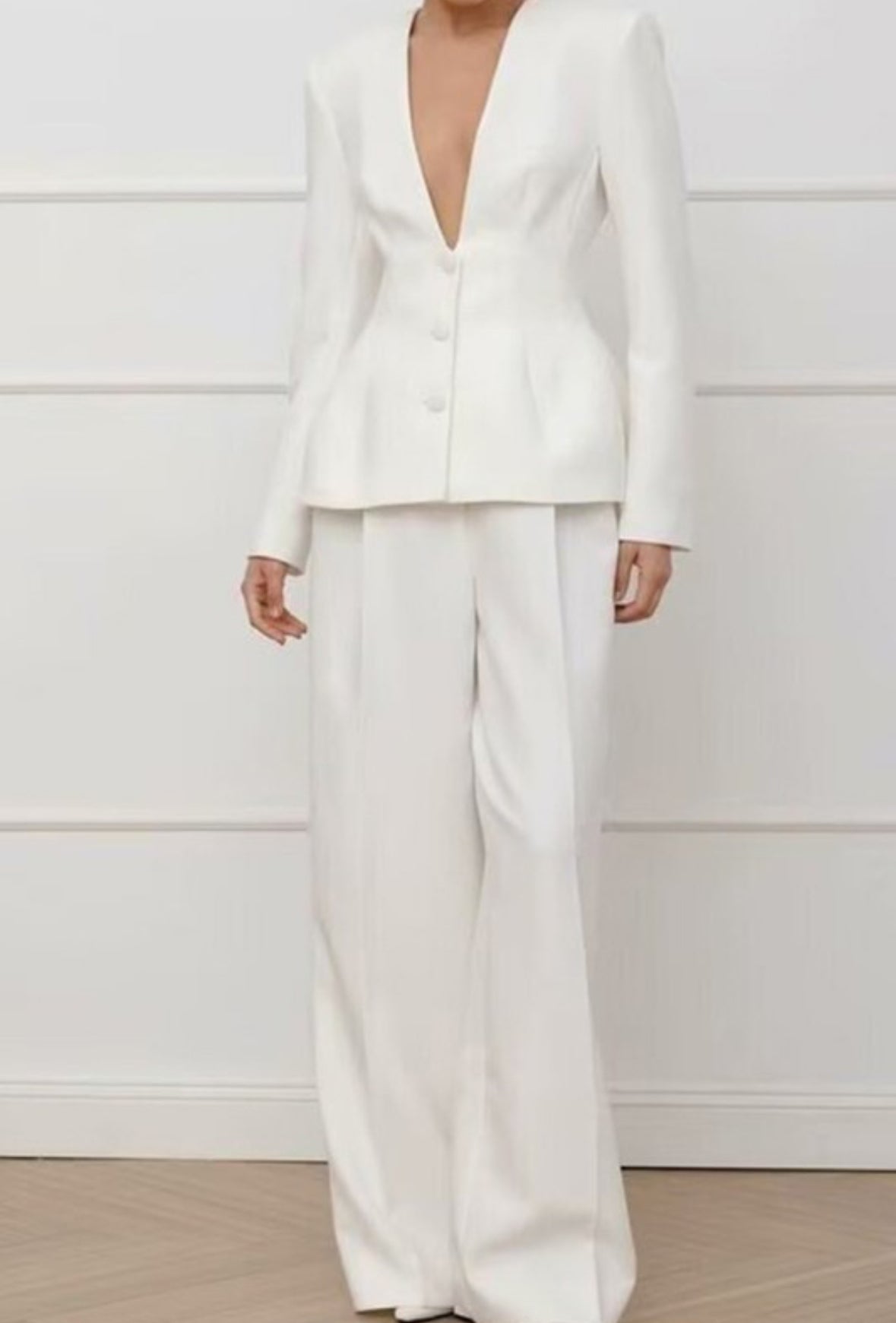 V-neck Button-up Blazer Straight Pants