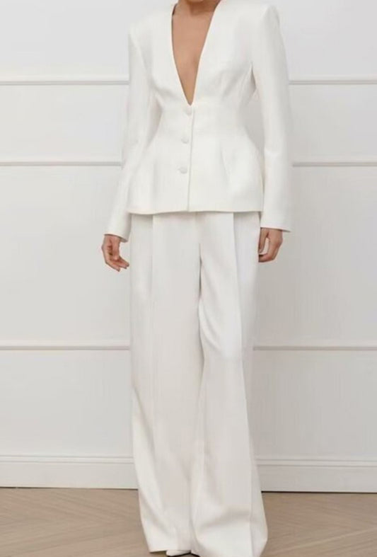V-neck Button-up Blazer Straight Pants