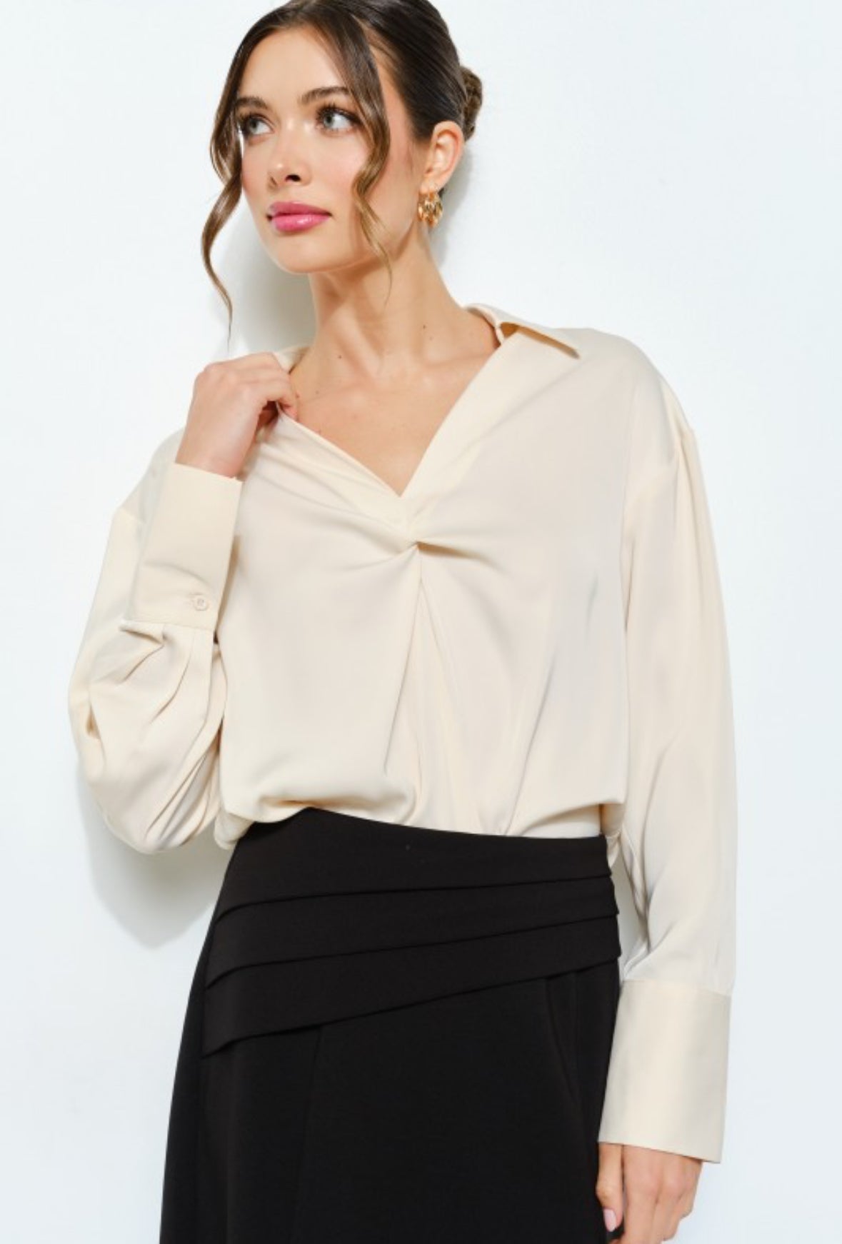 Long Sleeve Twist Front Satin Blouse