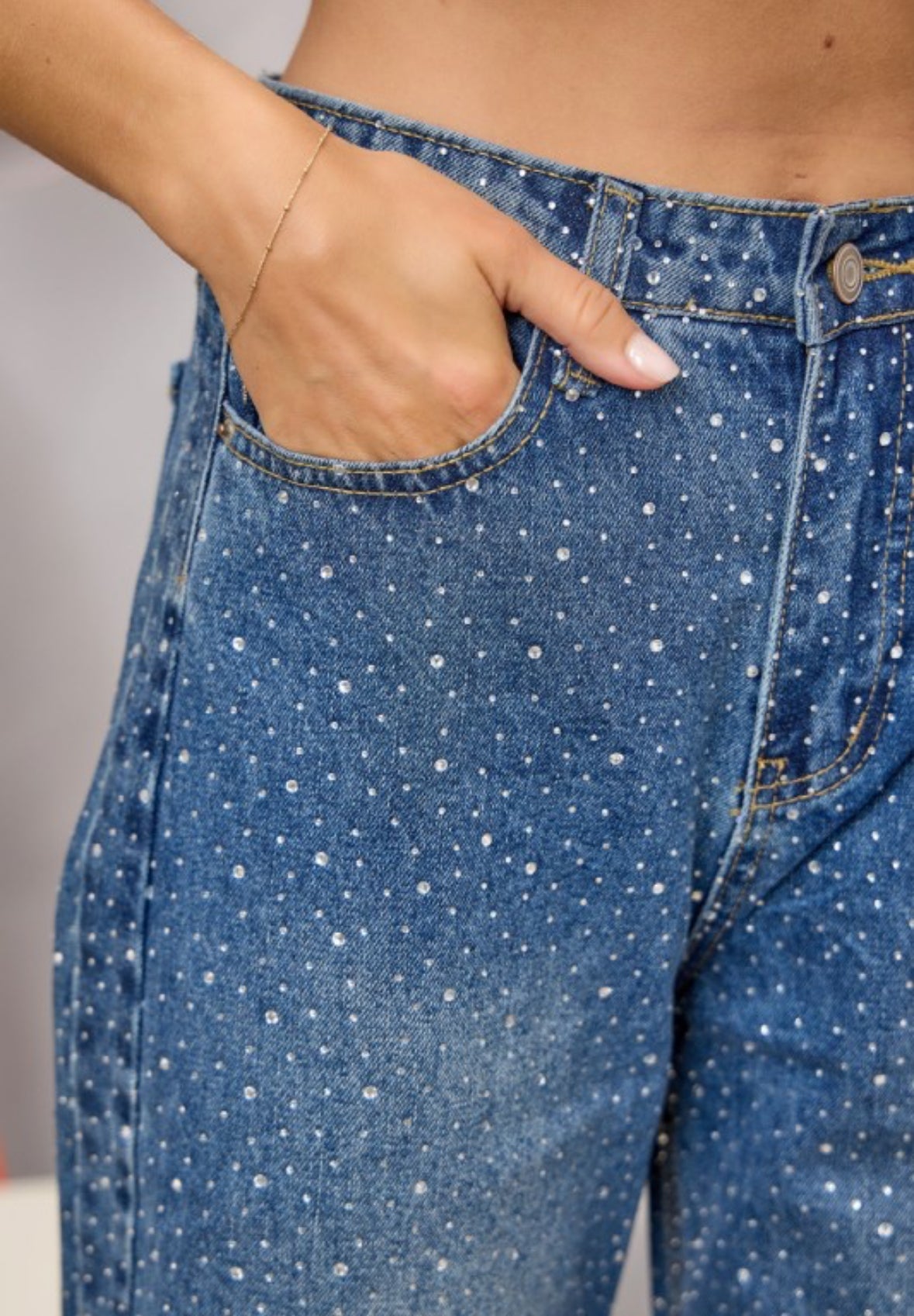 Rhinestone High Waisted Barrel Jean